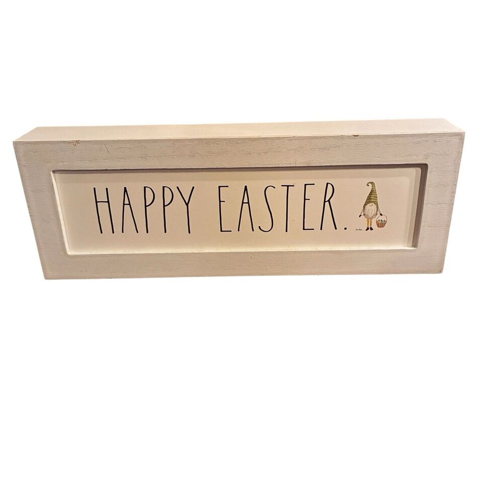 Rae Dunn Freestanding WhiteWooden Sign W/ HAPPY EASTER plus Gnome Icon. 13” X 4”